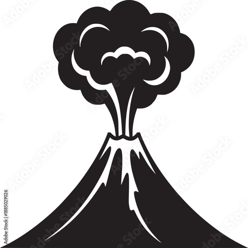A black and white drawing of a volcano erupting with smoke against a white background illustration