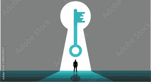 Businessman silhouette standing before a giant glowing keyhole with a floating key, metaphor for career success opportunity and finding the right solution vector illustration