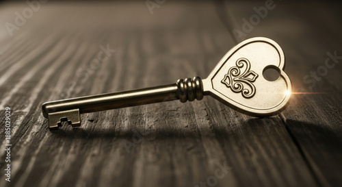 Heart shaped key with floral design on wooden surface