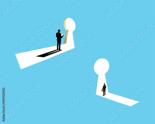 Businessman silhouettes standing before giant keyhole openings on a bright blue background conceptual vector illustration for choosing the right career path business strategy