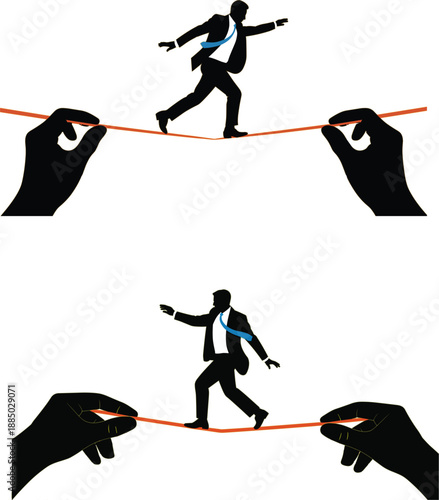 Businessman Walking on Tightrope Held by Giant Hands Symbolizing Career Risk Challenge Business Stability Professional Growth and Corporate Leadership Flat Vector Illustration