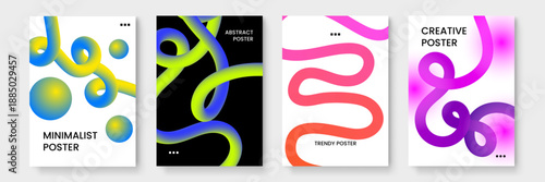 Elegant set of posters with simple flowing 3D elements and soft out of focus background details