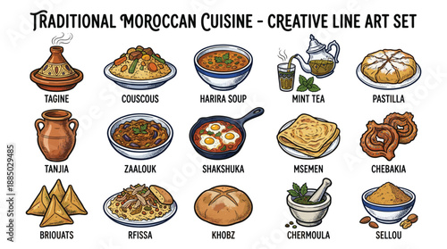 Creative lineart Set Showcasing Iconic Dishes and Ingredients in a Clean White Studio Perspective