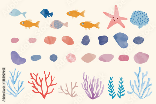 水彩で描いた落書き風海のモチーフのイラストセット