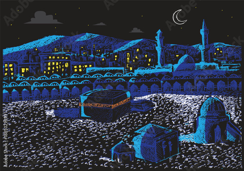 PrintHandsketch concept of old Makkah in Saudi Arabia at night. Editable Clip Art.