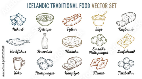 Vector Illustration Set Showcasing Twelve Classic Food Dishes Arranged on a Clean White Background from a Front Perspective