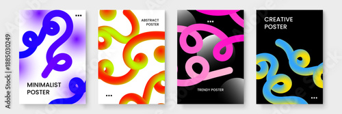 Set of abstract posters with thick waving 3D tubes and spheres using high-impact color schemes