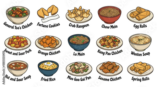 A vibrant overhead view of a display showcasing a grid of Chinese dishes with colorful labels, presenting a diverse variety of traditional Asian cuisine on a tabletop