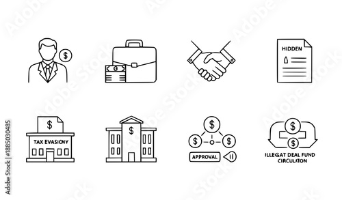 Political and corporate corruption line icons set of 9 for infographic design