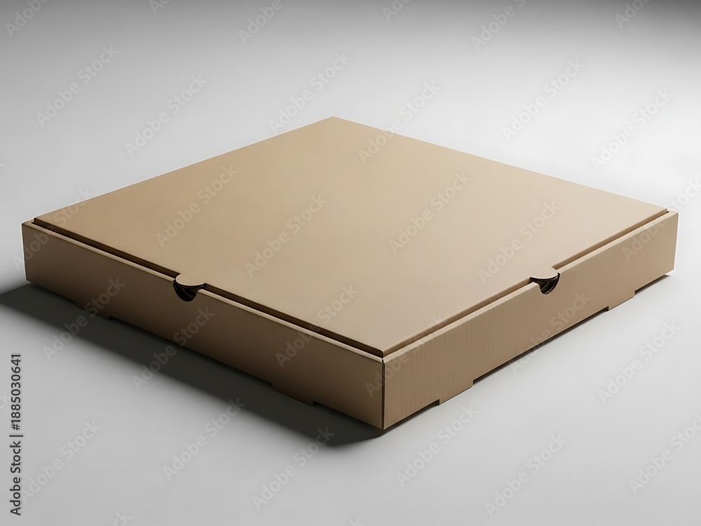Naklejka premium A brown pizza box is viewed from above on a light gray surface with subtle shadows around it