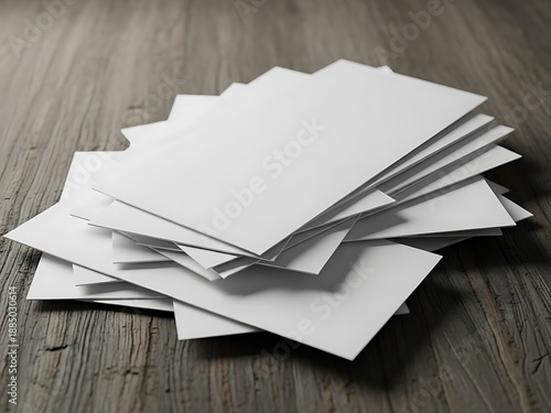 A neatly arranged stack of blank white sheets on a wooden surface viewed from above close-up