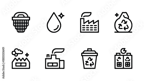 Vector icon set representing pollution and environmental damage, with symbols for smog, contaminated water, and waste, for ecological awareness.