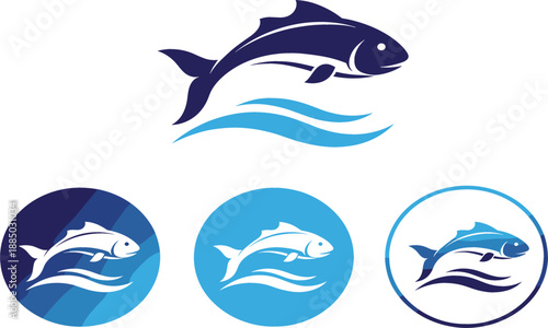 Blue Fish Logo Vector Illustration Set Featuring Salmon or Tuna Jumping over Water Waves with Round Icon Variations Isolated on White Background for Seafood Branding.