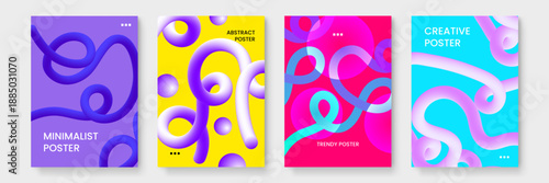 Set of modern layouts showcasing purple and pink liquid 3D shapes with bold colors for artistic cover designs