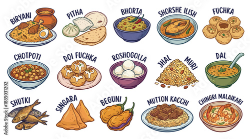 Exploring vibrant Indian cuisine illustration grid showcasing diversity in a white gallery, sixteen cartoon dishes for marketplace promotions from a front‑view perspective