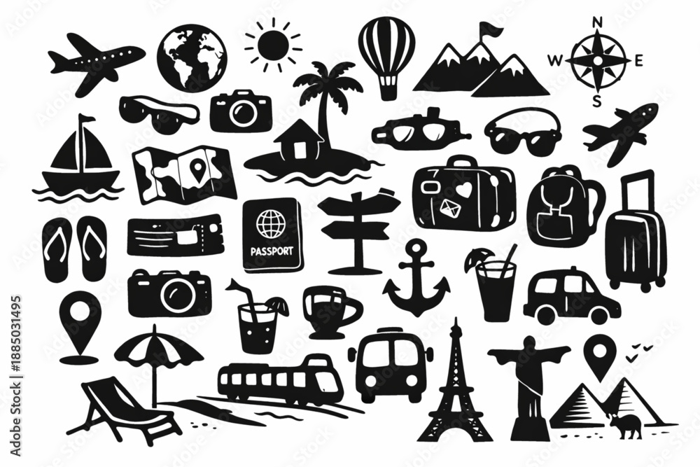 Obraz premium A collection of travel icons including cameras boats and beach accessories