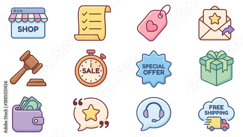 Colorful ecommerce glyph set arranged grid layout icons for shop sale price tag receipt gavel wallet gift support offers