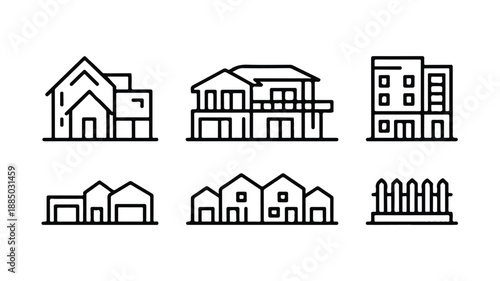 Vector icon set for residence and housing, featuring symbols like houses, apartments, and homeownership, perfect for real estate and property.