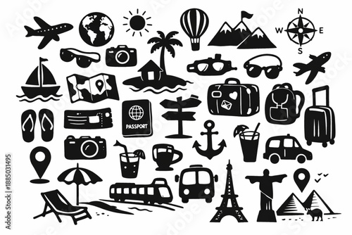 A collection of travel icons including cameras boats and beach accessories
