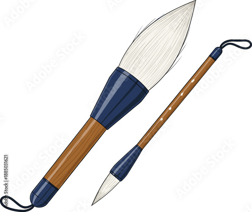 Traditional Chinese calligraphy brushes vector illustration set featuring wooden handles and soft white bristles for artistic painting and ancient writing techniques.