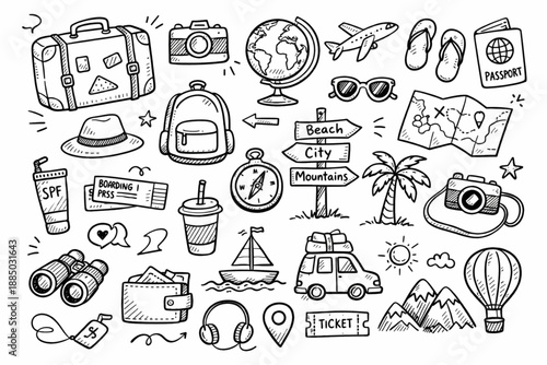 Travel essentials a charming doodle illustration of vacation items