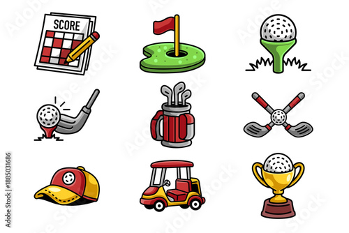 Golf cart, ball on tee, hole flag, cap, golf bag, club swing, trophy, crossed clubs scorecard icon set. Golfing equipment, golf sport elements pack. Sport illustration.