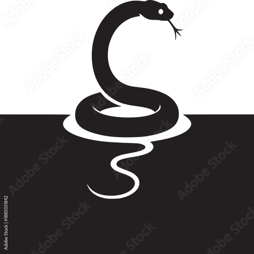 A graphic silhouette of a snake coiled with its tongue out on a black and white background design