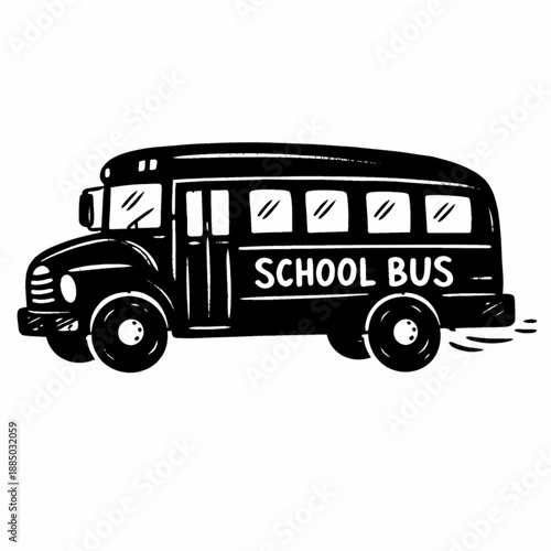 A classic black and white illustration of a vintage school bus