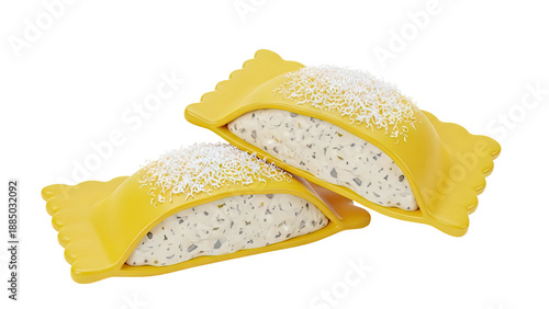 Two Ravioli pasta stuffed with filling and topped with cheese