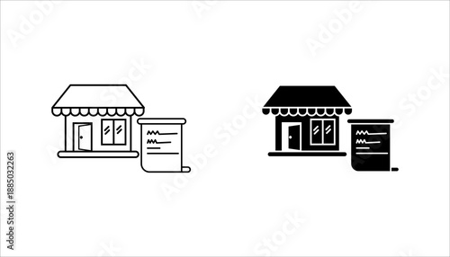 Solid black icon set of a storefront building with signboard, representing retail shop, small business, local store, and commercial service.