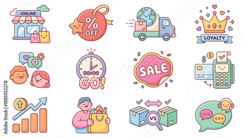 Playful promotional scene featuring a storefront, piggybank, calculator, graph and person icons arranged in three rows on a bright white canvas, viewed from a frontal perspective