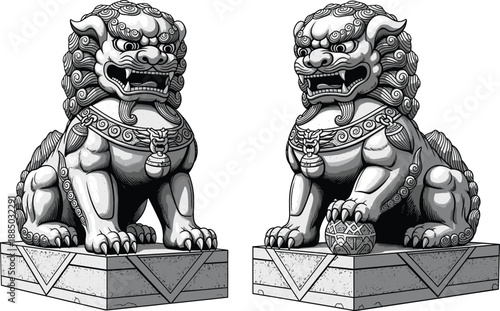 Traditional Chinese guardian lion statues vector illustration featuring a pair of stone Foo Dogs on pedestals for cultural decoration and protection symbols.