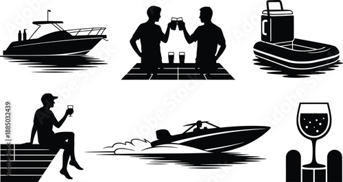 Summer leisure activities silhouettes including motorboats inflatable raft friends drinking and person relaxing vector