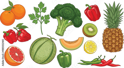 Comprehensive collection of fresh organic fruits and vegetables including pineapple broccoli oranges bell peppers chili kiwi and melon for healthy lifestyle.