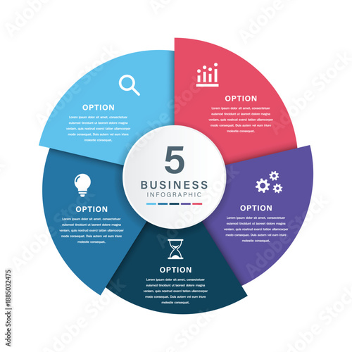 5 Segment Circular Business Infographic with Central Hub and Color-Coded Strategic Icons