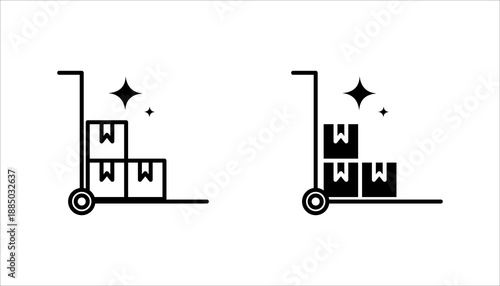 Outline icon set. of a trolley carrying stacked boxes, representing warehouse, logistics, delivery, storage, and inventory management.