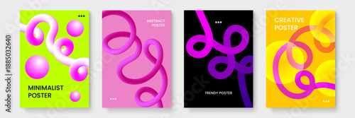 Collection of four modern abstract poster designs featuring 3D fluid liquid shapes vibrant gradients and minimalist typography on colorful backgrounds