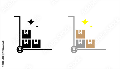 Outline icon set. of a trolley carrying stacked boxes, representing warehouse, logistics, delivery, storage, and inventory management.