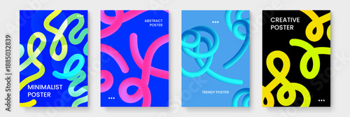 Eye catching abstract posters with thick 3D tubes and vibrant lime and pink colors for modern artistic expressions