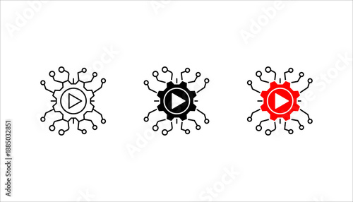 Outline icon set. of a gear with play button and connected circuit nodes, representing digital system, automation, media technology, and smart network concept.