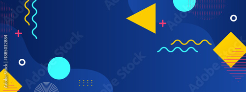 Vibrant blue background featuring yellow triangles, cyan circles and pink geometric elements