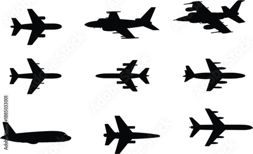 Commercial and Military Airplane Silhouette Vector Set, Passenger Aircraft and Fighter Jet Icons for Aviation Industry, Travel Agency, Flight Transport, and Aerospace Logo Design
