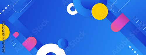 High energy blue background with dynamic rounded shapes and bright yellow circular elements
