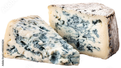 Blue cheese wedge and block with mold texture dairy food close up detail isolated on white background