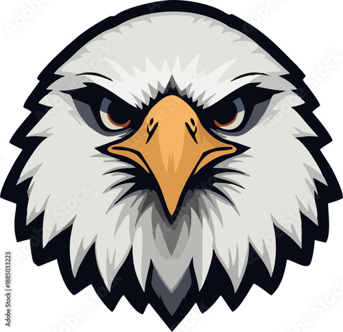Bold line art bald eagle head close-up fierce stare yellow beak white feathers dark base flat vector emblem