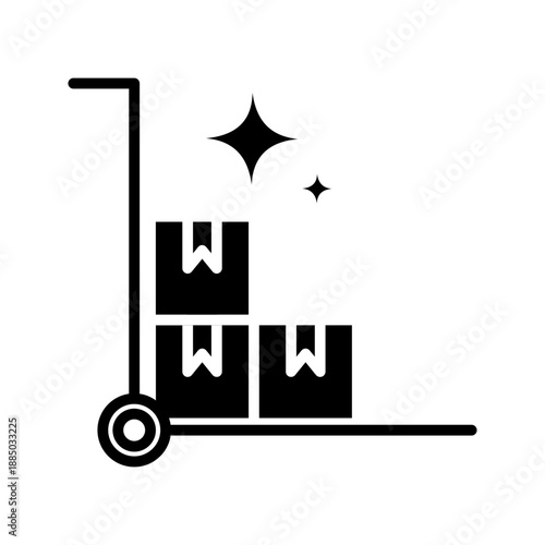 Outline icon of a trolley carrying stacked boxes, representing warehouse, logistics, delivery, storage, and inventory management.