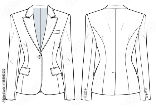 Single-Breasted Tailored Blazer Technical Fashion Illustration. Structured Jacket with Sharp Shoulders, Nipped-In Waist, and Topstitching. Front and Back Views. Women’s Outerwear. CAD Mockup Set.