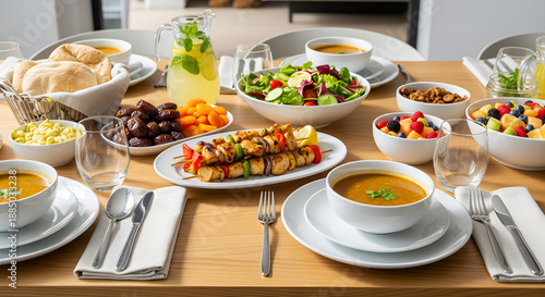 Ramadan Iftar Table with Healthy Middle Eastern Dishes and Grilled Chicken Skewers