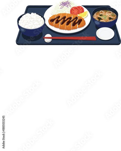 Traditional Japanese tonkatsu set meal vector illustration featuring crispy breaded pork cutlet with savory sauce cabbage salad miso soup and rice.
