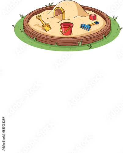 Playful backyard sandbox vector illustration featuring a sandcastle with a tunnel, red bucket, yellow shovel, and blue rake for kids' outdoor recreation.
